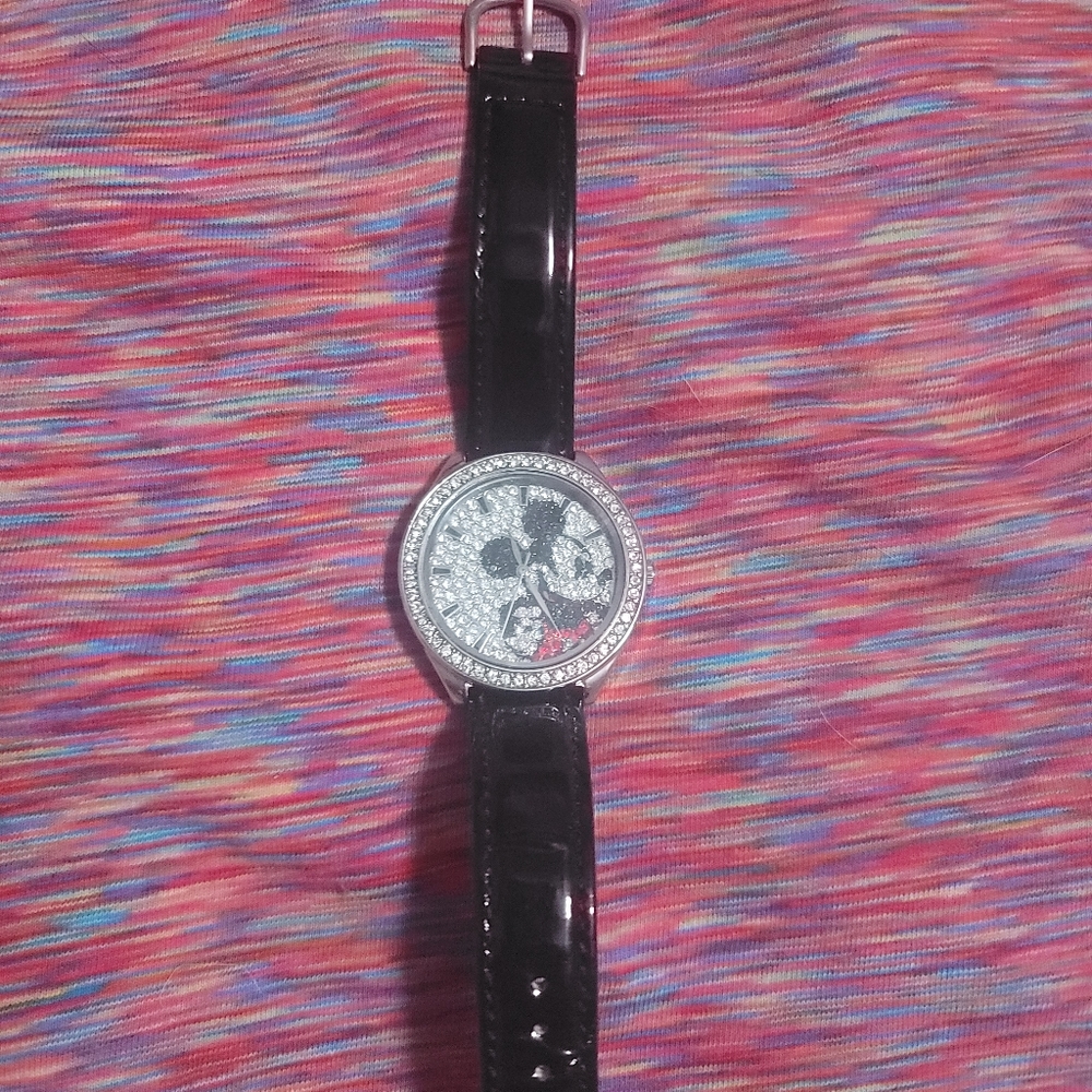 Disney Mickey Mouse Ice Crystal Black Patent Leather Band Watch MK1099-H7
